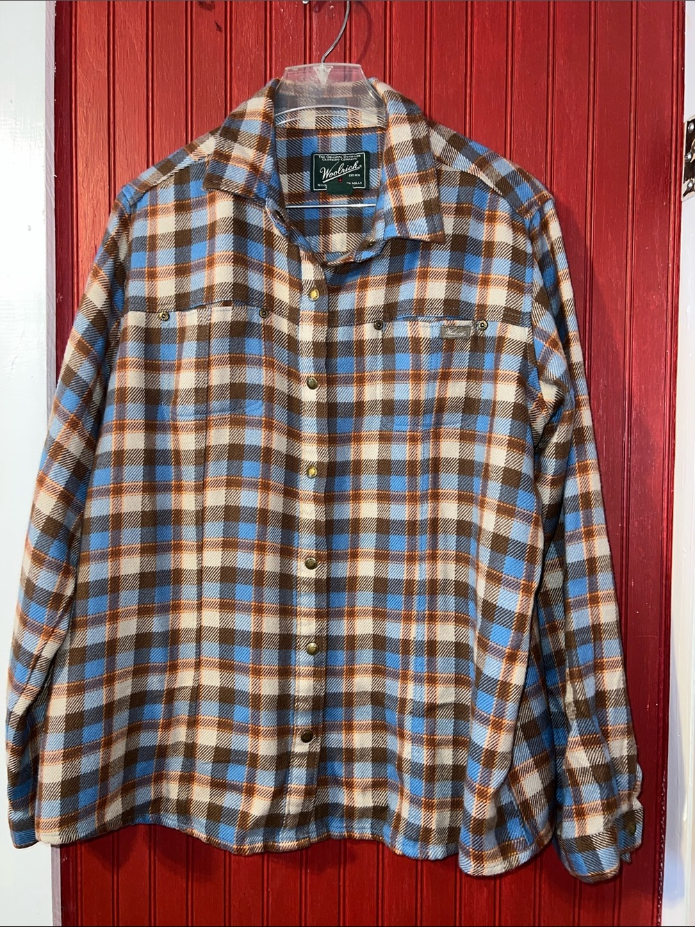 Vintage Woolrich Blue, Brown & Cream Plaid Button-Down Shirt Wool Blend XL
